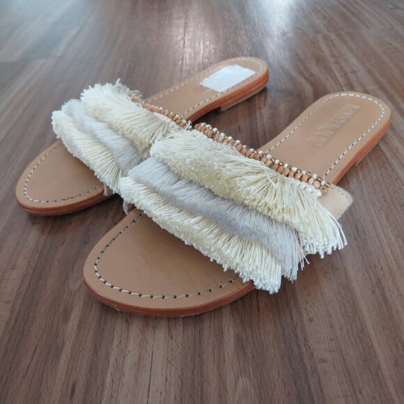MYSTIQUE Caracas Fringed Leather Slip On Slide Sandals in Beige Beach Size US 7 - Picture 3 of 12